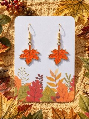New Handmade Gold-Tone and Detailed Orange Fall Leaf Dangle Earrings